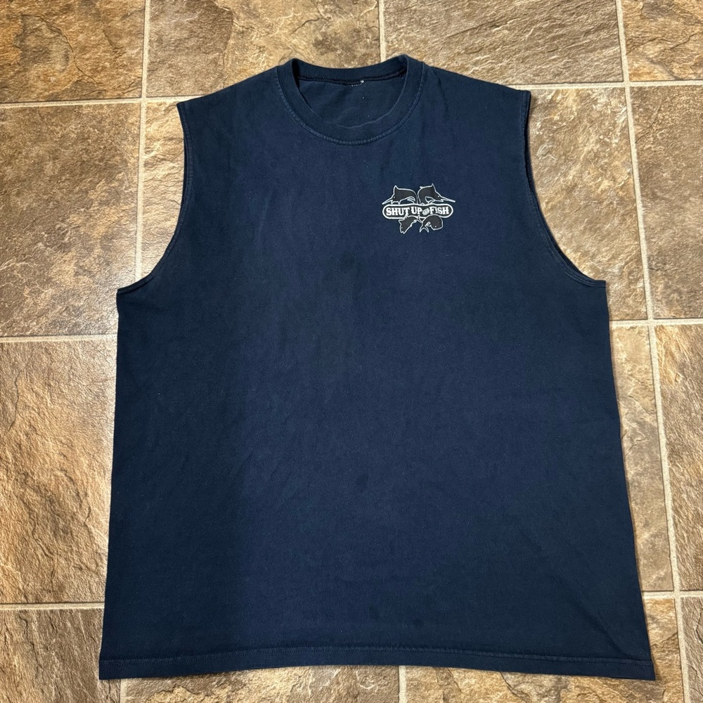 VINTAGE Fishing Shirt Mens Large Navy Shut Up and Fish Fisherman Hook Mexico